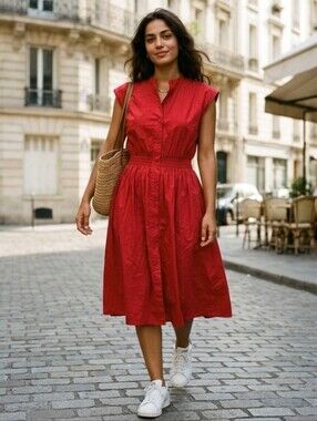 ​🌹 Vintage LACOSTE Red Smocked Waist Midi Shirt Dress 🌹